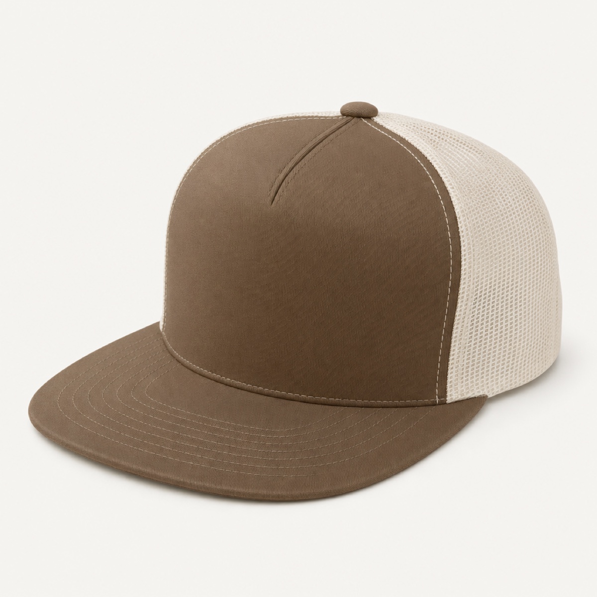 Yupoong flat-bill five-panel trucker blank in khaki